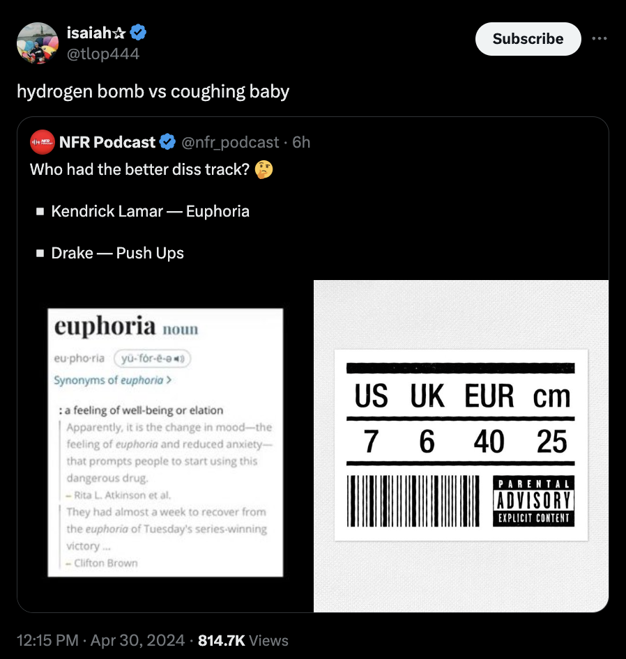 screenshot - isaiah hydrogen bomb vs coughing baby Nfr Podcast 6h Who had the better diss track? Kendrick Lamar Euphoria Drake Push Ups euphoria noun euphoria yforee Synonyms of euphoria > a feeling of wellbeing or elation Apparently, it is the change in 